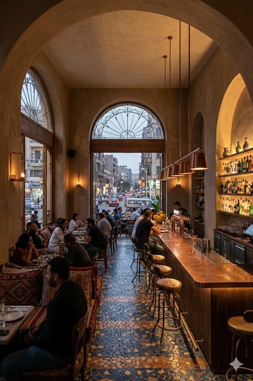 All-day hospitality concept transitioning from morning brunch to evening fine dining